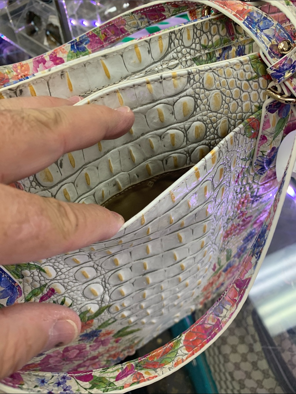 Brahmin White Croc-Embossed Floral Tote with Pink, Purple & Blue Accents - Picture 3 of 7